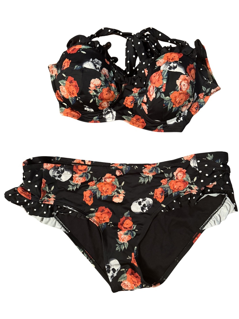 Black Floral & Skull Bikini Set with Red Rose Print